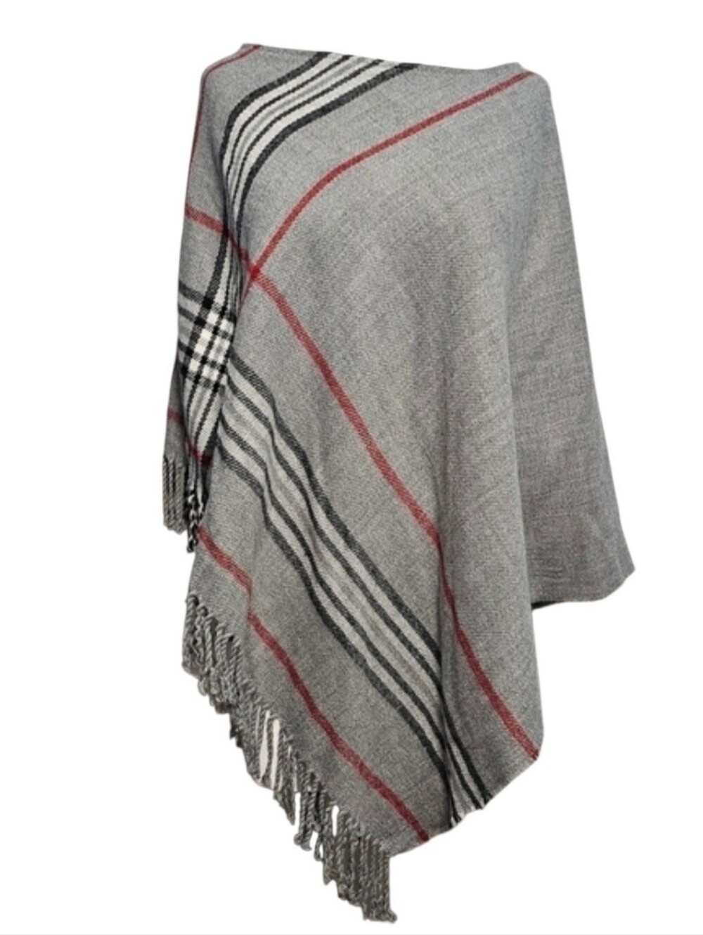 V.Fraas Women's Plaid Poncho in Grey Red Black Stripes Fringe Hem London Chic OS
